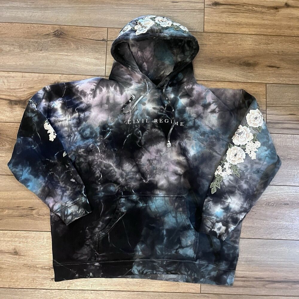 Civil Regime Hoodie Black Tie Dye Floral Embroidered Fleece Pullover Size XL